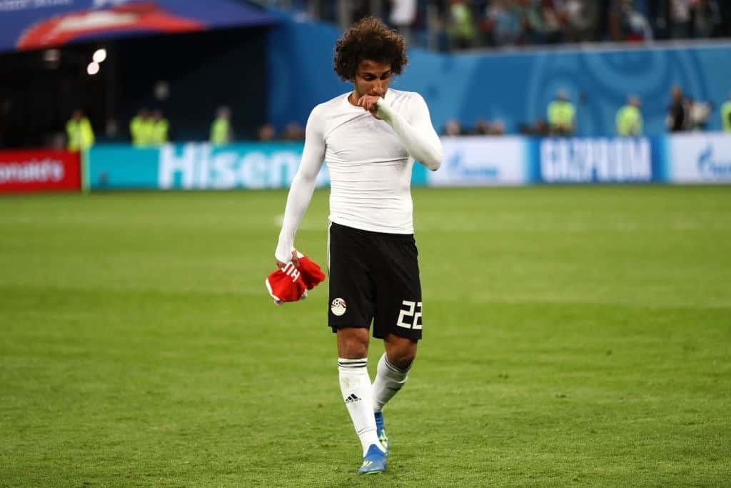 SAINT PETERSBURG, RUSSIA - JUNE 19:  Amr Warda of Egypt looks dejected after the 2018 FIFA World Cup Russia group A match between Russia and Egypt at Saint Petersburg Stadium on June 19, 2018 in Saint Petersburg, Russia.  (Photo by Jamie Squire - FIFA/FIFA via Getty Images)